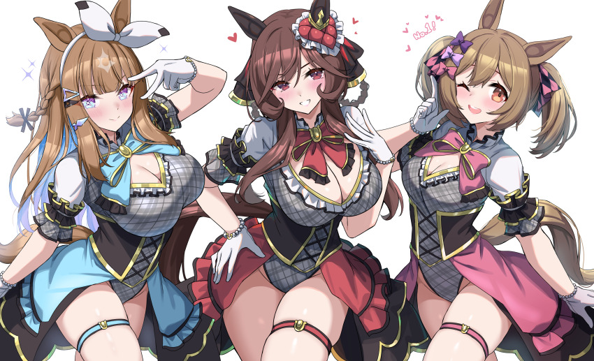 3girls adapted_costume almond_eye_(umamusume) animal_ears bead_bracelet beads black_corset blue_bow blue_bowtie blue_eyes blue_hair blue_overskirt blush bow bowtie bracelet braid braided_hair_rings breasts brown_eyes brown_hair cleavage cleavage_cutout closed_mouth clothing_cutout colored_inner_hair commentary_request corset cowboy_shot cross-shaped_pupils ear_ornament frilled_leotard frills gentildonna_(umamusume) gloves gold_trim grey_leotard hair_between_eyes hair_bow hair_ornament hair_rings hand_on_own_hip hand_up heart heart_ear_ornament highres horse_ears horse_girl horse_tail index_finger_raised jewelry kibihimi large_breasts leotard long_hair looking_at_viewer medium_breasts multicolored_hair multiple_girls multiple_hair_bows one_eye_closed open_mouth pink_bow pink_bowtie pink_overskirt plaid_clothes plaid_leotard purple_bow red_bow red_bowtie red_eyes red_skirt short_sleeves showgirl_skirt side_braid simple_background skindentation skirt smart_falcon_(umamusume) smile symbol-shaped_pupils tail thigh_strap thighs too_many_hair_ornaments trailblazer_bash!_(umamusume) twintails umamusume v v_over_eye white_background white_gloves