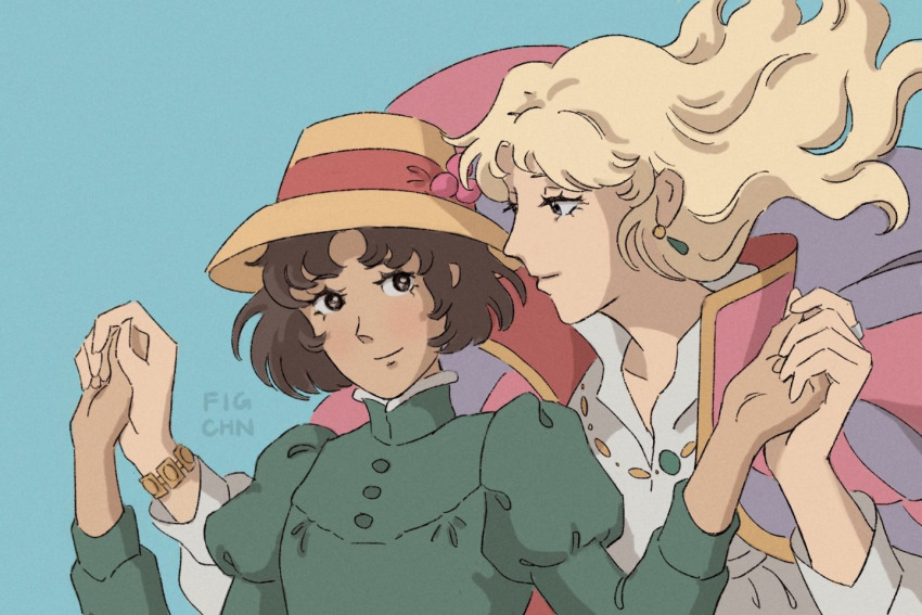 2girls artist_name asaka_rei blonde_hair blue_background bracelet brown_eyes brown_hair cosplay earrings figchn green_shirt hat holding_hands howl_(howl_no_ugoku_shiro) howl_(howl_no_ugoku_shiro)_(cosplay) howl_no_ugoku_shiro jewelry long_sleeves misonoo_nanako multiple_girls oniisama_e... puffy_long_sleeves puffy_sleeves shirt short_hair sophie_hatter sophie_hatter_(cosplay) sun_hat yuri