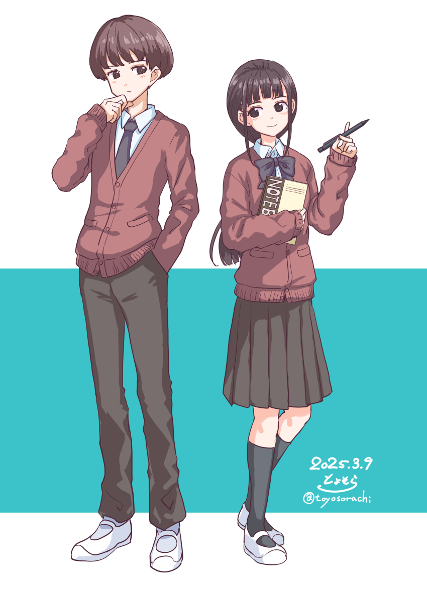 1boy 1girl absurdres aqua_background black_bow black_bowtie black_eyes black_hair black_necktie black_pants black_skirt black_socks blunt_bangs book bow bowtie brown_eyes brown_hair cardigan closed_mouth dated hand_in_pocket hand_on_own_chin highres holding holding_book holding_pen kneehighs long_hair long_sleeves looking_at_another mary_janes necktie notebook original pants pen red_cardigan school_uniform shirt shoes short_hair sidelocks signature simple_background skirt smile socks thinking toyosora twitter_username two-tone_background white_background white_shirt white_shoes white_socks