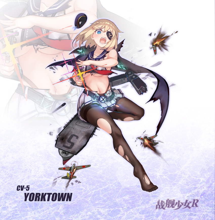 1girl absurdres aircraft airplane black_pantyhose blonde_hair blue_cape blue_eyes boots cape elbow_gloves eyepatch flight_deck g.h_(gogetsu) gloves highres machinery midriff miniskirt navel pantyhose pleated_skirt short_hair skirt thighband_pantyhose torn_clothes torn_legwear torn_skirt warship_girls_r white_footwear white_gloves white_skirt yorktown_(warship_girls_r) zoom_layer