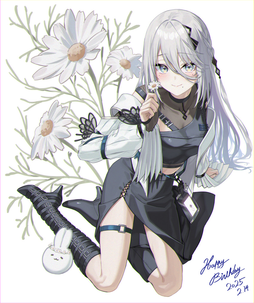 1girl absurdres blue_eyes blush boots braid breasts dated flower full_body ginopi happy_birthday highres holding holding_flower looking_at_viewer medium_breasts mole mole_under_eye mole_under_mouth nijisanji off_shoulder sitting smile solo sophia_valentine sophia_valentine_(1st_costume) thigh_boots thigh_strap virtual_youtuber white_background white_hair