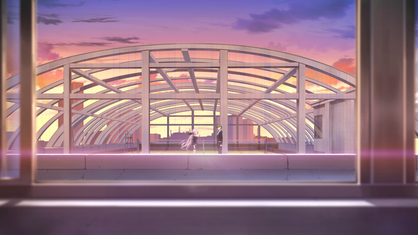 1boy 1girl architecture black_bow black_jacket black_pants blazer bow breasts building chaos;child chaos;child_love_chu_chu!! chest_bow cityscape cloud cloudy_sky cropped_jacket dress_vest game_cg green_hair hair_bow hekiho_academy hekiho_academy_school_uniform highres jacket kawahara_masashi ladder lapels long_hair looking_at_another medium_breasts minamisawa_senri miniskirt multiple_hair_bows necktie notched_lapels official_art on_roof on_rooftop orange_sky outdoors pants pink_hair red_necktie rooftop sailor_collar sailor_shirt sasaki_mutsumi school_emblem shirt short_hair skirt sky skyscraper sunset tennis tennis_court tennis_net thick_thighs thighs twilight twintails very_short_hair white_sailor_collar
