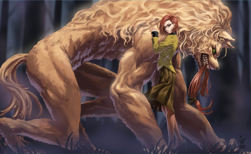 1girl aozaki_touko aozaki_touko_(mahou_tsukai_no_yoru) cutting_hair female_focus glasses hair_in_own_mouth high_heels highres long_hair looking_at_viewer lugh_beowulf lugh_beowulf_(wolf) mahou_tsukai_no_yoru mouth_hold pantyhose red_eyes red_hair scrap_iron shoes short_hair skirt solo