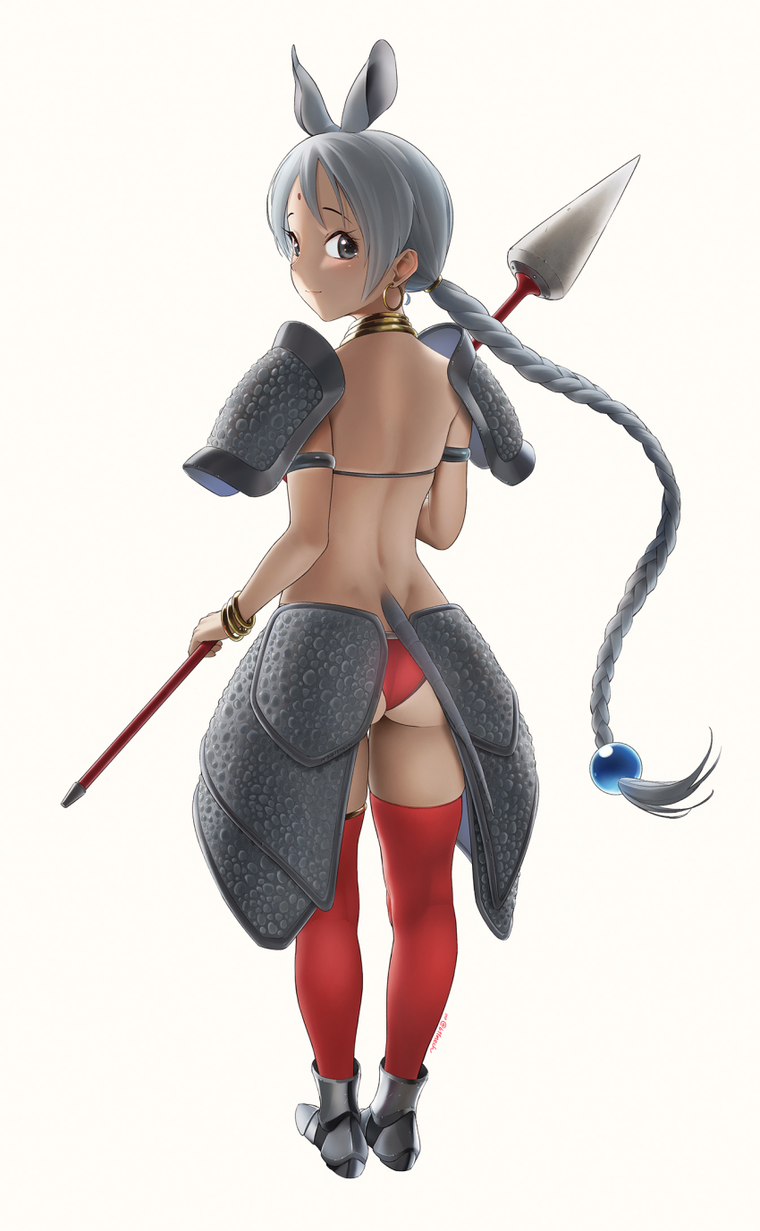 1girl animal_ears armor armored_boots ass back beleven bikini boots braid closed_mouth dimples_of_venus earrings extra_ears eyelashes facial_mark forehead_mark from_behind full_body grey_eyes grey_hair highres holding holding_polearm holding_weapon hoop_earrings indian_rhinoceros_(kemono_friends) jewelry kemono_friends legs_apart light_smile long_hair looking_at_viewer looking_back low-tied_long_hair neck_ring paid_reward_available polearm rhinoceros_girl shoulder_armor simple_background single_braid skindentation solo standing swimsuit tail tan thighhighs very_long_hair weapon white_background
