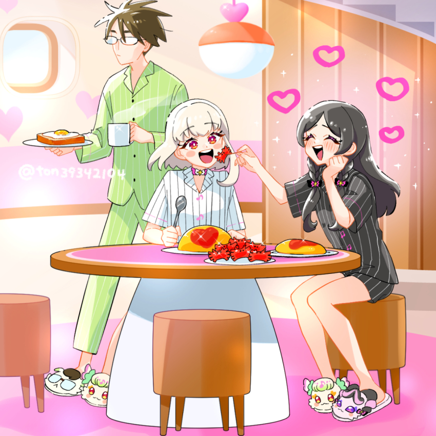 2girls ahoge animal_slippers bare_arms bare_legs black_hair black_pajamas blunt_bangs blush bob_cut braid bread bread_slice breakfast choker closed_eyes coffee_mug cup egg feeding food fried_egg glasses green_pajamas hair_ribbon hair_tie hand_on_own_chin heart heart-shaped_pupils holding holding_cup holding_spoon ketchup kimi_to_idol_precure lamp living_room long_hair long_sleeves low_twin_braids mature_male medium_hair meroron_(human_form) messy_hair mug multiple_girls musical_note omelet open_mouth pajamas pants parted_bangs precure purirun_(human_form) red_eyes ribbon ribbon_choker sausage short_hair short_sleeves shorts sitting slippers spoon striped_clothes sunlight symbol-shaped_pupils table tanaka_(precure) toast ton_(ton39342104) twin_braids twitter_username vertical-striped_clothes very_long_hair very_short_hair white_pajamas window