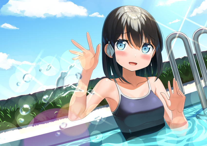 1girl :d apollo_(hu_maple) armpit_crease bare_shoulders black_hair blue_eyes blue_sky blurry blush bokeh breasts cloud collarbone commentary_request competition_school_swimsuit depth_of_field dutch_angle furrowed_brow grass hair_ribbon hands_up highres medium_hair open_hands open_mouth original outdoors pool pool_ladder poolside ribbon school_swimsuit shy sky small_breasts smile solo splashing sweatdrop swimsuit upper_body water