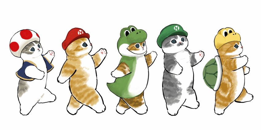 animal black_eyes blue_jacket cat closed_mouth commentary cosplay cropped_jacket english_commentary from_side green_headwear hat highres jacket koopa_troopa koopa_troopa_(cosplay) luigi luigi_(cosplay) mario mario_(cosplay) mario_(series) mofu_sand mushroom_hat nintendo no_humans original red_headwear shell simple_background standing toad_(cosplay) toad_(mario) walking white_background yoshi yoshi_(cosplay)