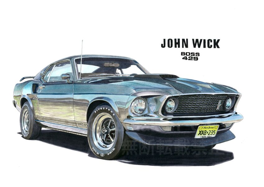 car copyright_name ford ford_mustang ford_mustang_(1st_generation) grey_car highres john_wick license_plate motor_vehicle muscle_car radio_antenna shadow sumakun vehicle_focus vehicle_name watermark white_background