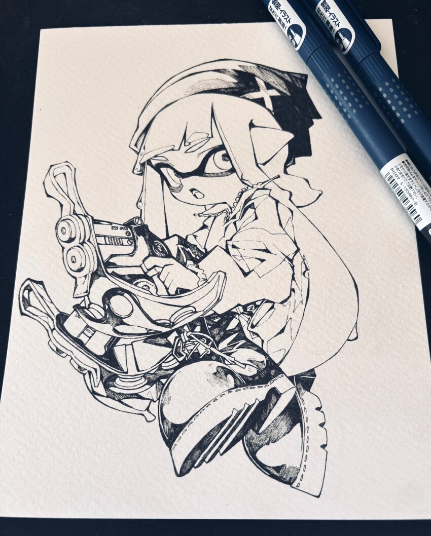 1girl :o art_tools_in_frame beanie boots commentary_request dual_wielding fang full_body greyscale hat highres holding holding_weapon inkling inkling_girl inkling_player_character jacket lace-up_boots long_hair long_sleeves looking_at_viewer mhxbump monochrome nintendo open_mouth photo_(medium) pointy_ears solo splatoon_(series) teeth tentacle_hair tetra_dualies_(splatoon) traditional_media twintails upper_teeth_only weapon zipper