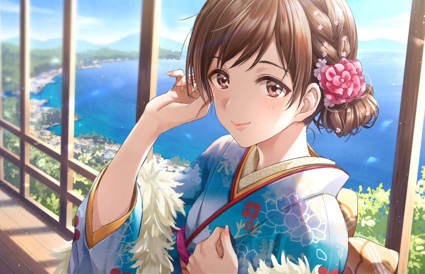 1girl breasts brown_eyes brown_hair day female_focus flower hair_flower hair_ornament highres idolmaster japanese_clothes kimono looking_at_viewer medium_breasts nitta_minami outdoors short_hair solo upper_body zattape