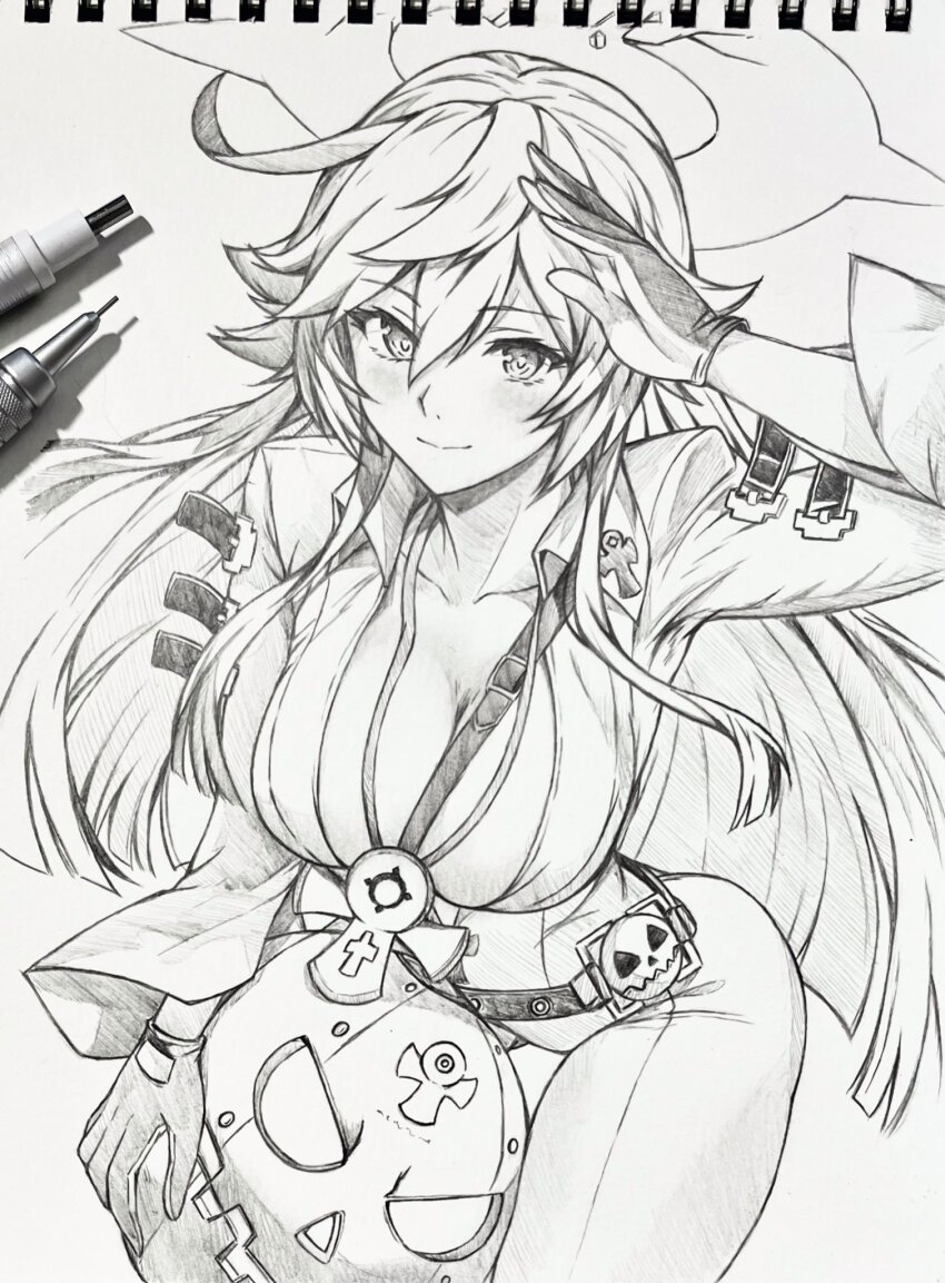 1girl ankh ankh_necklace art_tools_in_frame bodysuit breasts closed_mouth commentary english_commentary eyelashes greyscale guilty_gear guilty_gear_strive hair_between_eyes highres jack-o&#039;_valentine large_breasts long_hair looking_at_viewer monochrome nib_pen_(medium) pen_(medium) pumpkin_mask seishun_dendeke smile solo traditional_media