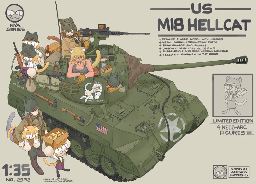 .50_bmg 19vodnik :3 absurdres american_flag ammunition animal_ears anti-materiel_cartridge axe black_tank_top blonde_hair browning_m2 canteen cat_ears cat_girl cat_tail character_request chibi english_text explosive gloves green_jacket grey_background gun heavy_machine_gun highres hmg_cartridge jacket m18_hellcat m1_carbine m3_submachine_gun machine_gun military military_vehicle model_kit motor_vehicle mp40 neco-arc purple_skirt rifle_cartridge shirt skirt submachine_gun tail tank tank_top tnt tsukihime united_states_army weapon white_shirt yellow_gloves