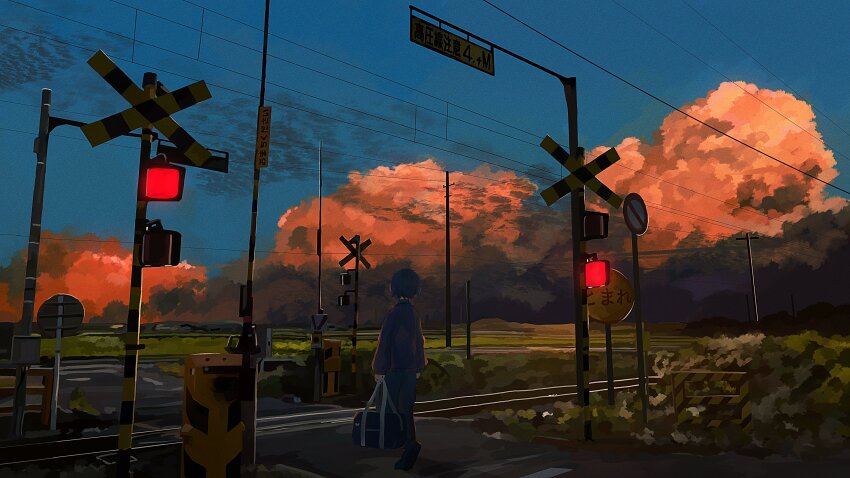 1boy absurdres bag banakotakemaru blue_sky cloud cloudy_sky commentary_request highres holding holding_bag long_sleeves original outdoors pants railroad_crossing railroad_tracks road_sign scenery shoes short_hair sign sky solo stop_sign sweater traffic_light twilight