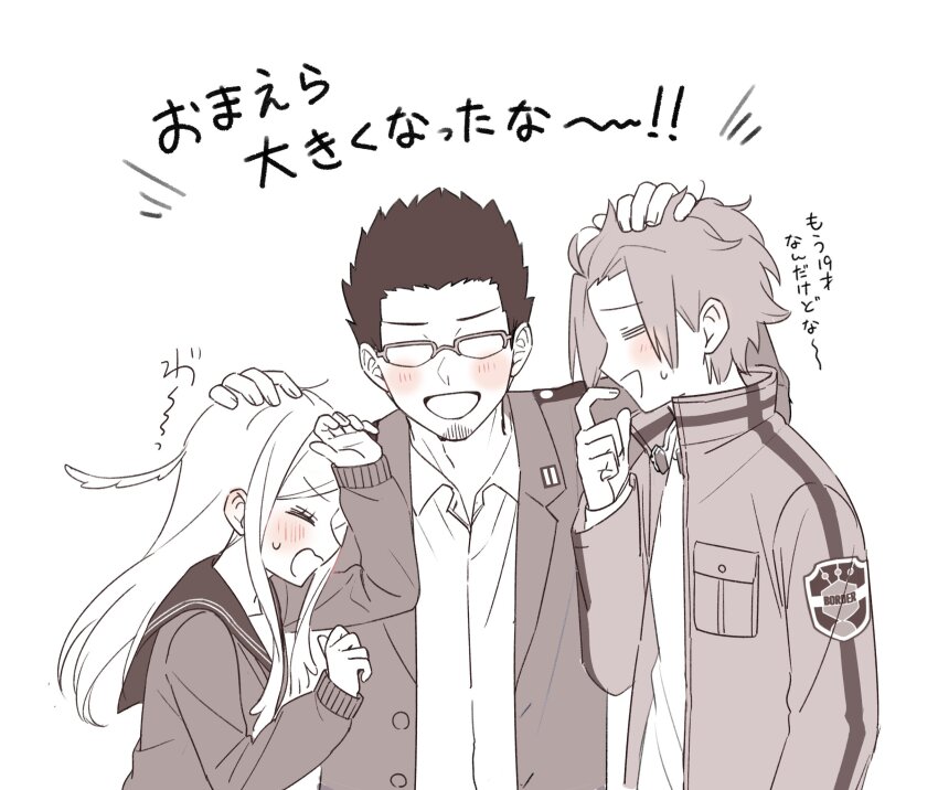 1girl 2boys =_= beard blush cardigan closed_eyes collared_shirt facial_hair glasses greyscale hand_on_another&#039;s_head hand_up hands_up highres jacket jin_yuuichi konami_kirie long_sleeves monochrome multiple_boys namauni_moku profile rindou_takumi school_uniform serafuku shirt short_hair sleeves_past_wrists spot_color translated upper_body world_trigger