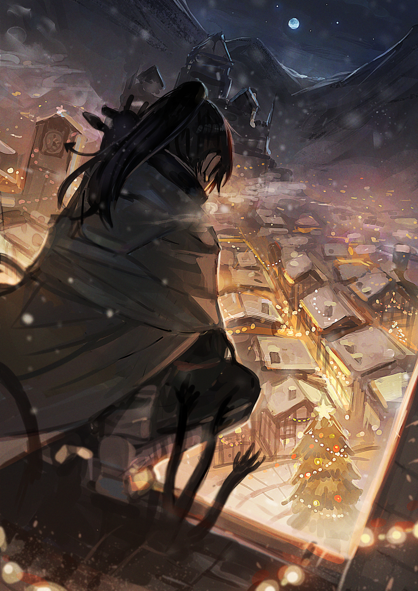 1boy absurdres back from_behind black_clover black_hair building christmas christmas_lights christmas_tree cloak creature creature_on_shoulder demon familiar from_behind full_moon high_ponytail highres male_focus moon nacht_faust night night_sky on_roof on_shoulder outdoors perching pine_tree ponytail shadow_hands sky snowing solo squatting star_(sky) tree tsugutoku umbrakinesis