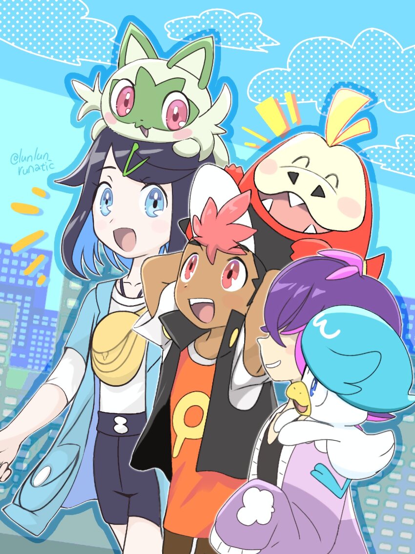 1boy 2girls bag black_jacket blonde_hair blue_eyes blue_hair blue_jacket blush dot_(pokemon) fuecoco hair_over_eyes highres jacket liko_(pokemon) multiple_girls nintendo open_mouth pink_eyes pokemon pokemon_(anime) pokemon_horizons purple_hair purple_jacket quaxly roy_(pokemon) runachikku smile sprigatito