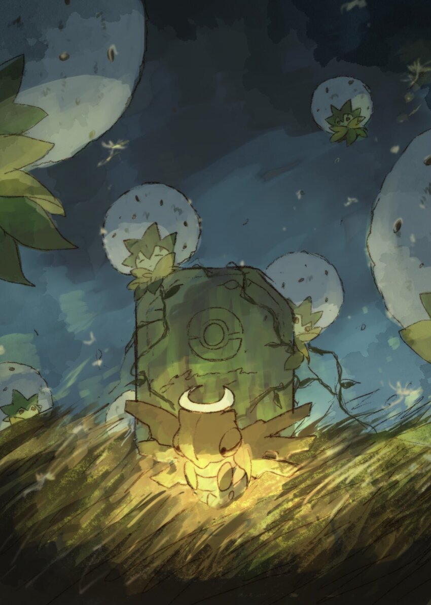 animal_focus brown_eyes bug closed_eyes eldegoss full_body gen_3_pokemon gen_8_pokemon grey_sky halo highres looking_at_viewer nintendo no_humans outdoors poke_ball pokemon pokemon_(creature) pokemon_focus seed shedinja sky tombstone watanuki_(561yashi)