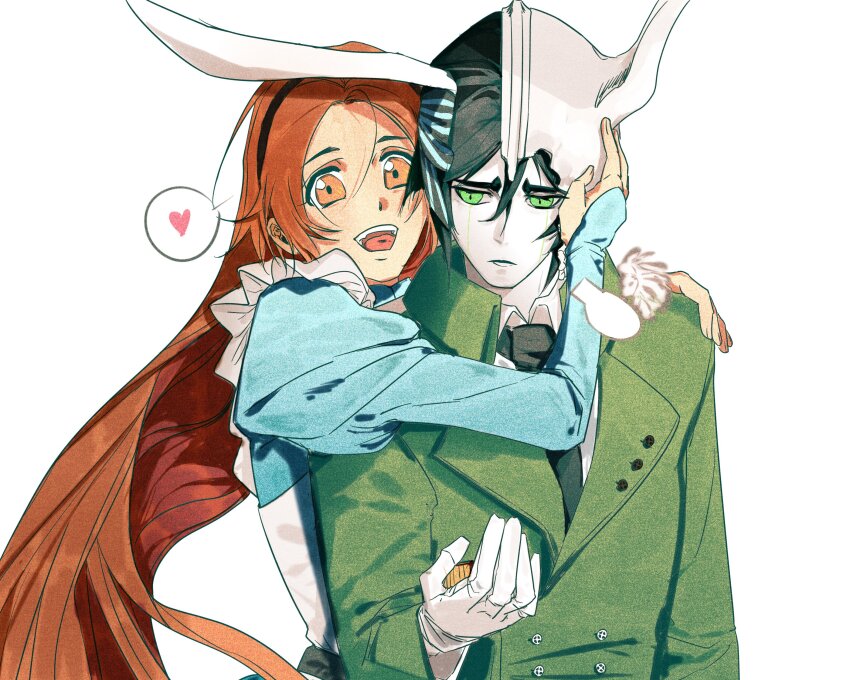 1boy 1girl absurdres alice_(alice_in_wonderland) alice_(alice_in_wonderland)_(cosplay) alice_in_wonderland animal_ears apron arm_around_shoulder black_hair black_hairband black_necktie bleach bow buttons collared_jacket collared_shirt colored_skin commentary_request cosplay demon_horns double-breasted facial_mark film_grain frills gloves gnytng8 green_eyes green_jacket hair_between_eyes hair_bow hairband hand_on_another&#039;s_head heart highres holding holding_pocket_watch horns hug hug_from_side inoue_orihime jacket juliet_sleeves long_hair long_sleeves looking_at_viewer mark_under_both_eyes necktie official_alternate_costume open_mouth orange_eyes orange_hair pocket_watch puffy_sleeves rabbit_ears shirt short_hair simple_background single_animal_ear skull_on_head smile spoken_heart striped_bow ulquiorra_cifer upper_body very_long_hair watch white_apron white_background white_gloves white_rabbit_(alice_in_wonderland) white_rabbit_(alice_in_wonderland)_(cosplay) white_skin