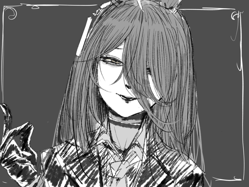 1girl ahoge animal_ears bags_under_eyes choker coat collared_shirt ear_tag earrings gloves grey_background hair_between_eyes hair_over_one_eye half-closed_eyes head_tilt highres horse_ears horse_girl jewelry kawamochi_(tddm3573) long_bangs long_hair long_hair_between_eyes looking_at_viewer multicolored_hair necktie parted_lips shirt single_earring smile snapping_fingers solo sunday_silence_(racehorse) umamusume