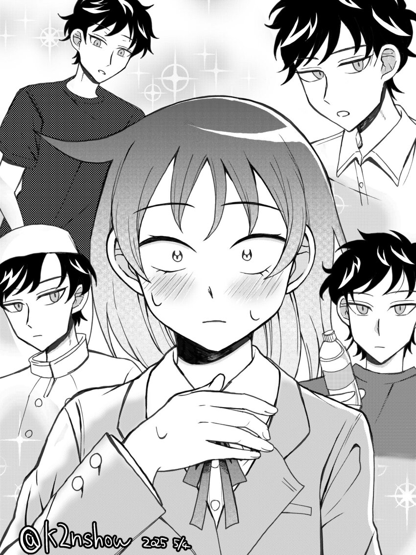 1boy 1girl bien_(k2nshow) blush bottle futsuu_no_keion-bu hatono_chihiro highres mizuo_haruichi monochrome school_uniform shirt sparkle sparkle_background t-shirt twitter_username waiter water_bottle