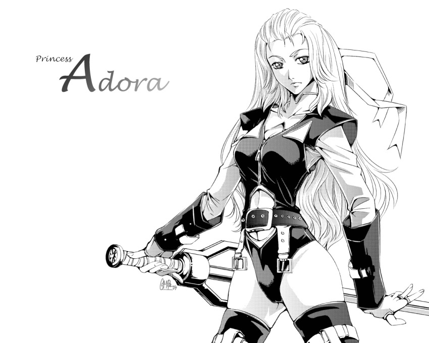 1girl adora_(she-ra) adora_(she-ra)_(princess_of_power) belt character_name comipa female_focus fingerless_gloves gloves greyscale masters_of_the_universe monochrome paolo_antonio_aguasin ribbon she-ra_and_the_princesses_of_power she-ra_princess_of_power solo sword thighhighs weapon