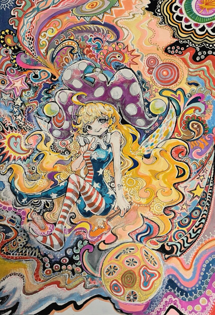 1girl abstract_background american_flag_dress american_flag_legwear bare_shoulders black_eyes blonde_hair breasts clownpiece comkdom commentary_request full_body hat highres holding holding_torch jester_cap long_hair looking_at_viewer pantyhose photo_(medium) psychedelic small_breasts smile solo torch touhou traditional_media very_long_hair