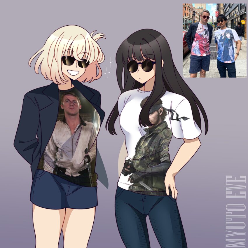 2boys 2girls absurdres alternate_costume arms_behind_back artist_name black_hair black_jacket blonde_hair blue_shorts closed_mouth commentary cowboy_shot denim drive_(movie) driver_(drive) english_commentary genderswap genderswap_(mtf) gradient_background grey_background grin hand_on_own_hip highres inoue_takina jacket jeans kojima_hideo long_hair long_sleeves lycoris_recoil metal_gear_(series) multiple_boys multiple_girls myutoeve nishikigi_chisato one_side_up pants photo-referenced photo_inset reference_inset shirt short_hair short_sleeves shorts simple_background smile solid_snake sparkle sunglasses t-shirt