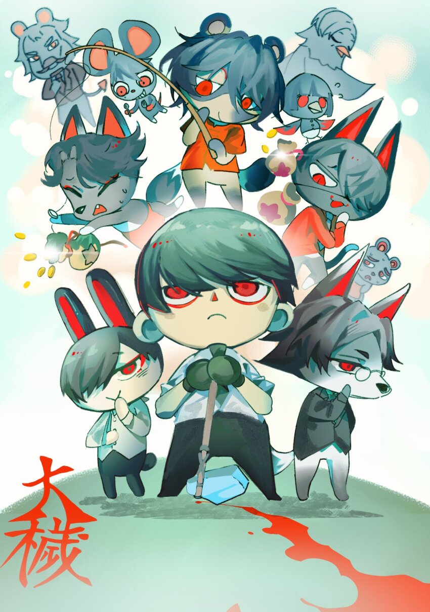 6+boys :&gt; animal_crossing animal_ears aomi_(ooe) apron ariake_(ooe) arm_sling axe bear_boy beard bird_boy black_gloves black_hair black_jacket black_pants blood blue_necktie cat_boy chinese_commentary closed_eyes coin collared_shirt copyright_name daiba_shizuma eyepatch facial_hair fang fishing_rod flying_sweatdrops fork fox_boy full_body funeno_(ooe) gakuran glasses gloves hair_over_one_eye hand_to_own_mouth highres hinode_(ooe) holding holding_axe holding_fishing_rod holding_fork holding_spoon jacket lion_boy long_sleeves looking_ahead looking_at_viewer looking_down male_focus mouse_boy multiple_boys mustache necktie nintendo ooe_(game) oosaki_(ooe) open_mouth pants pince-nez pouch qincaihefan rabbit_boy rabbit_ears raccoon_boy red_apron red_eyes red_shirt round_eyewear school_uniform shijoumae_(ooe) shinbashi_(ooe) shiodome_(ooe) shirt short_hair spoon standing sweatdrop takeshiba_(ooe) toyosu_(ooe) white_background white_shirt wolf_boy