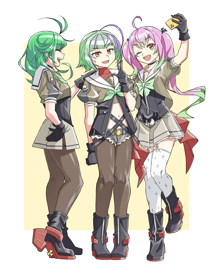 3girls absurdres ahoge antenna_hair black_gloves border brown_legwear cellphone closed_eyes fang full_body gloves green_hair grey_skirt highres holding holding_phone kantai_collection kazh_(kazu) long_hair matsu_(kancolle) momo_(kancolle) multicolored_hair multiple_girls one_eye_closed open_mouth pantyhose phone pink_hair pleated_skirt puffy_short_sleeves puffy_sleeves purple_hair rudder_footwear sailor_collar short_hair short_sleeves skin_fang skirt smartphone smile take_(kancolle) taking_picture twintails two-tone_hair v white_border white_legwear white_sailor_collar yellow_eyes