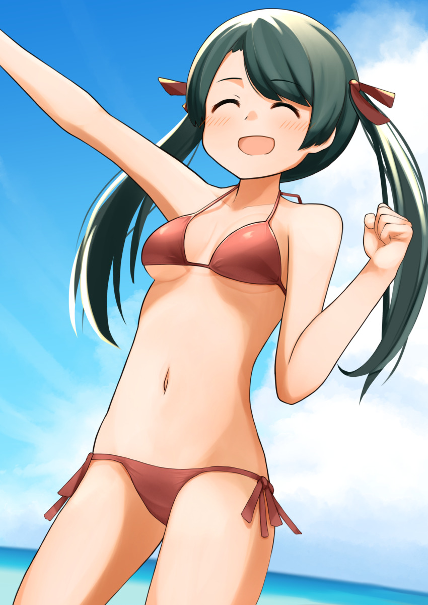 1girl alternate_breast_size arm_up beach bikini black_hair blue_sky breasts closed_eyes cloud commentary_request cowboy_shot day highres horizon kantai_collection long_hair mikuma_(2016_swimsuit)_(kancolle) mikuma_(kancolle) open_mouth outdoors red_bikini side-tie_bikini_bottom sky small_breasts smile solo standing string_bikini swimsuit twintails yotubawatane