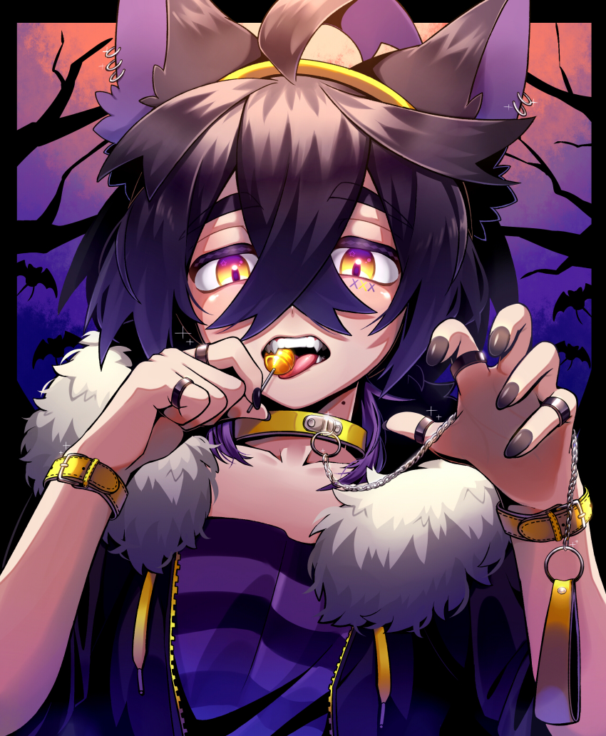 1boy absurdres ahoge alternate_costume animal_ears bare_tree black_hair candy chain collar commentary_request crossed_bangs food gen_1_pokemon hair_between_eyes hairband highres holding jewelry kieran_(pokemon) kyouka._(kyouka) lollipop looking_at_viewer male_focus mole mole_on_neck nail_polish night nintendo open_mouth outdoors pokemon pokemon_sv purple_shirt ring shirt silhouette solo striped_clothes striped_shirt teeth tongue tree upper_body yellow_eyes yellow_hairband zubat