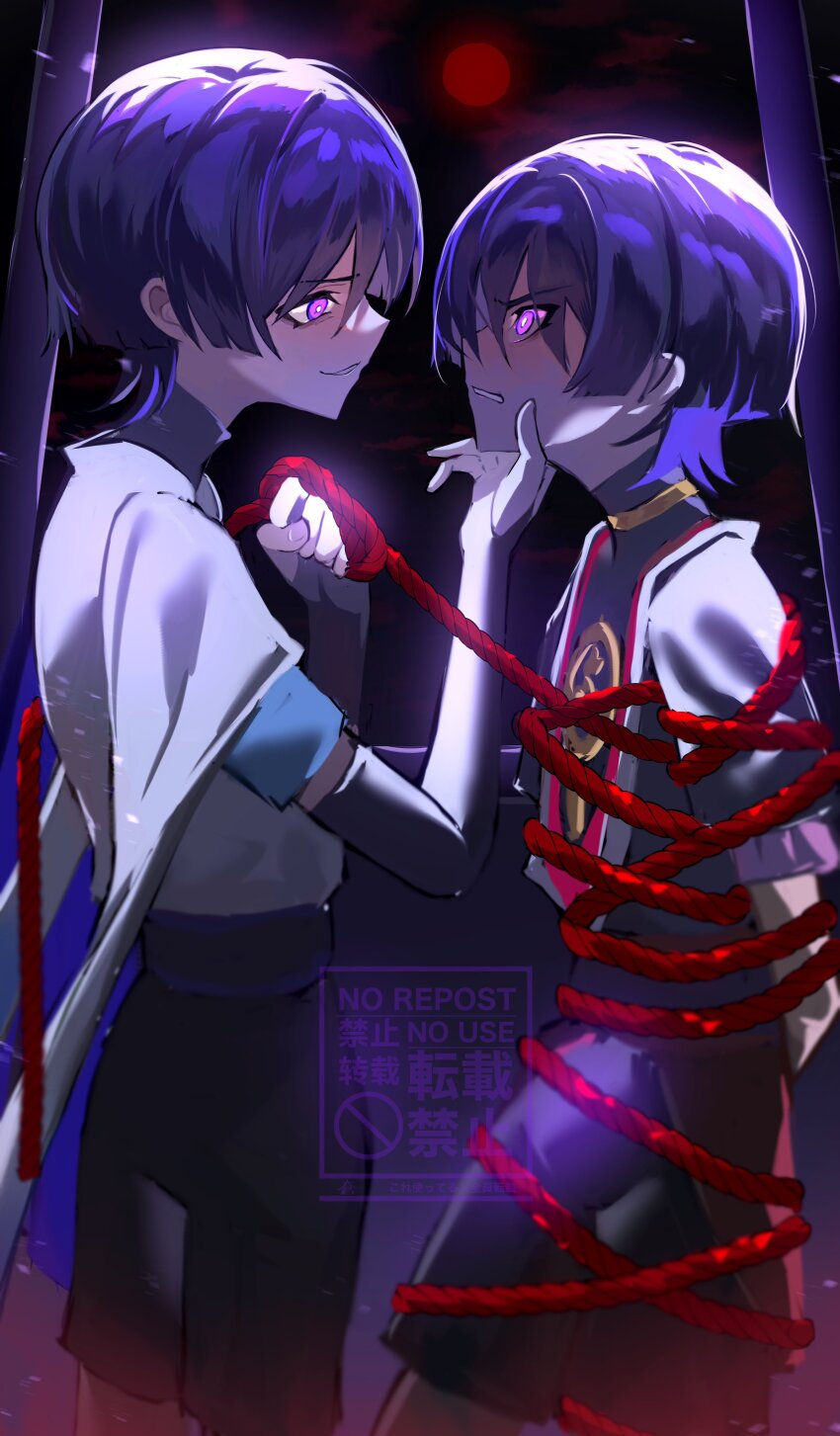 2boys absurdres arms_behind_back belt black_belt black_bodysuit black_bridal_gauntlets black_kimono black_shorts black_sleeves blue_sleeves blunt_ends bodysuit bound bridal_gauntlets bright_pupils clenched_hand cloud cloudy_sky dual_persona fingernails frilled_sleeves frills furisode genshin_impact gold hand_on_another&#039;s_face hands_up highres holding holding_rope japanese_clothes jewelry juban kimono layered_sleeves looking_at_another moon multiple_boys neck_ring nero_hanken night night_sky open_clothes open_kimono parted_lips pink_eyes purple_eyes purple_sash purple_sleeves red_kimono red_moon red_rope rope sash scaramouche_(genshin_impact) short_sleeves shorts sky smirk tied_up_(nonsexual) tsurime turtleneck turtleneck_bodysuit wanderer_(genshin_impact) watermark white_kimono white_mouth white_pupils white_sleeves