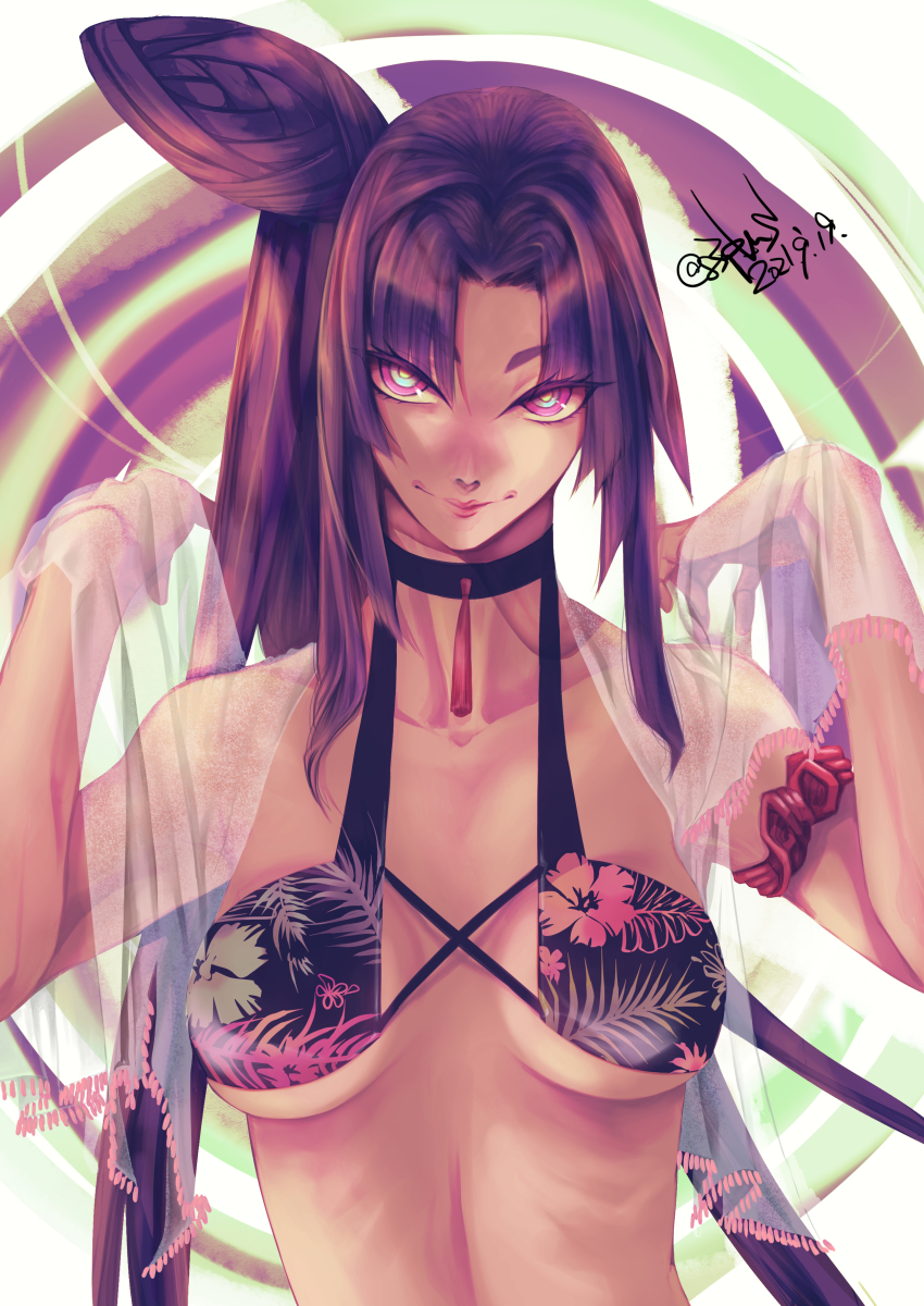1girl absurdres bikini black_bikini black_hair breasts dated fate/grand_order fate_(series) floral_print_bikini hair_bun highres long_hair looking_at_viewer medium_breasts multicolored_eyes side_ponytail sidelocks single_side_bun smile solo source_request swimsuit taira_no_kagekiyo_(fate) taira_no_kagekiyo_(pinky_beach)_(fate) user_jdry8544 ushiwakamaru_(fate)