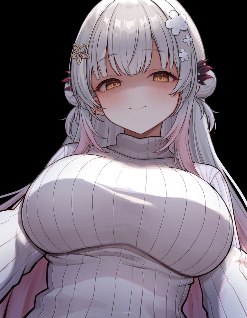 1girl absurdres blue_background blush breasts closed_mouth commentary_request daysss double_bun empty_eyes evil_smile flower grey_hair hair_bun hair_flower hair_ornament hairclip headgear highres indie_virtual_youtuber large_breasts long_hair long_sidelocks looking_at_viewer partially_shaded_face pink_hair ribbed_sweater shadow side_up_bun sidelocks simple_background smile solo suou_patra sweater taut_sweater turtleneck turtleneck_sweater upper_body virtual_youtuber white_sweater yandere