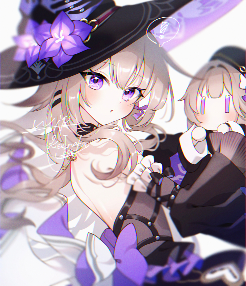! 1girl artist_name backless_dress backless_outfit bare_shoulders black_dress black_hat black_sleeves character_doll commentary_request detached_sleeves dress expressionless flower hat hat_flower herta_(honkai:_star_rail) highres honkai:_star_rail honkai_(series) key kise_inaka long_hair long_sleeves looking_at_viewer parted_lips purple_eyes purple_flower signature solo the_herta_(honkai:_star_rail) unfinished upper_body witch_hat