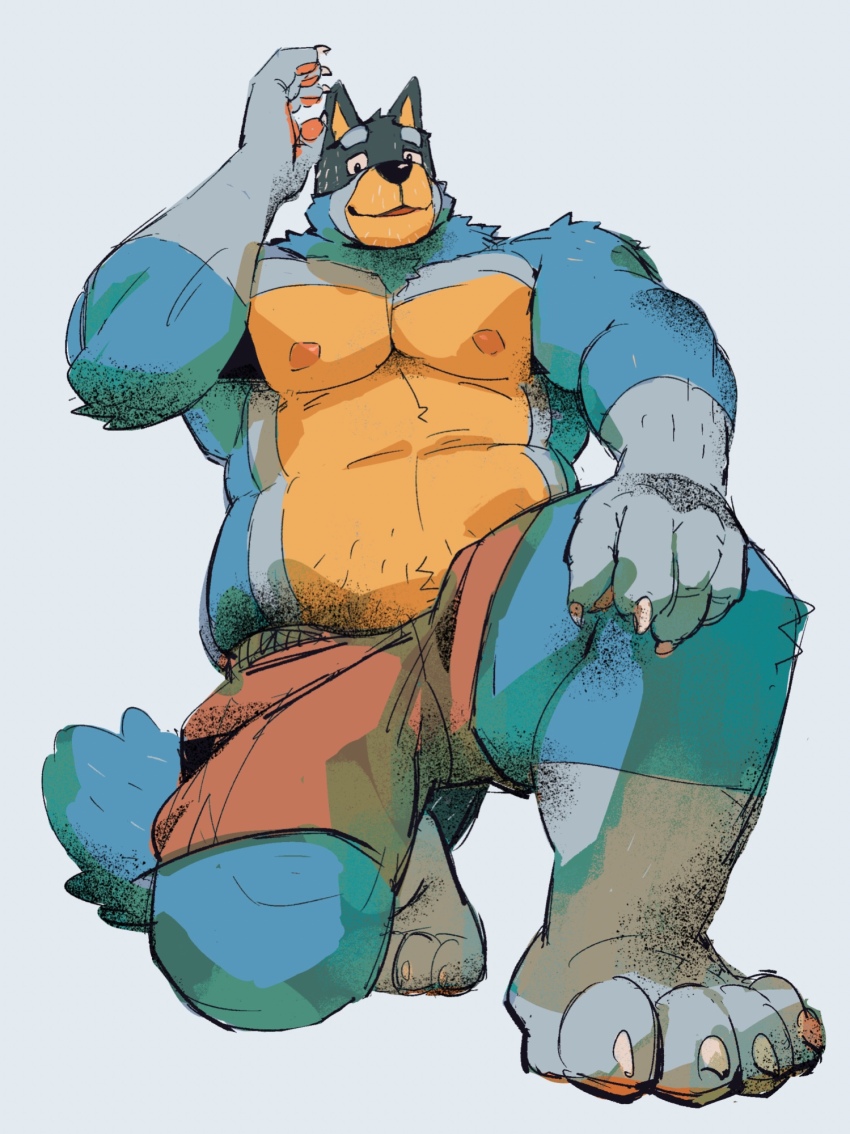 animal_ears bandit_heeler bara barefoot belly bluey claws dog_boy dog_ears dog_tail fat fat_man from_below furry furry_male highres looking_at_viewer looking_down male_focus nipples on_one_knee pawpads smile starlimisky tail topless_male