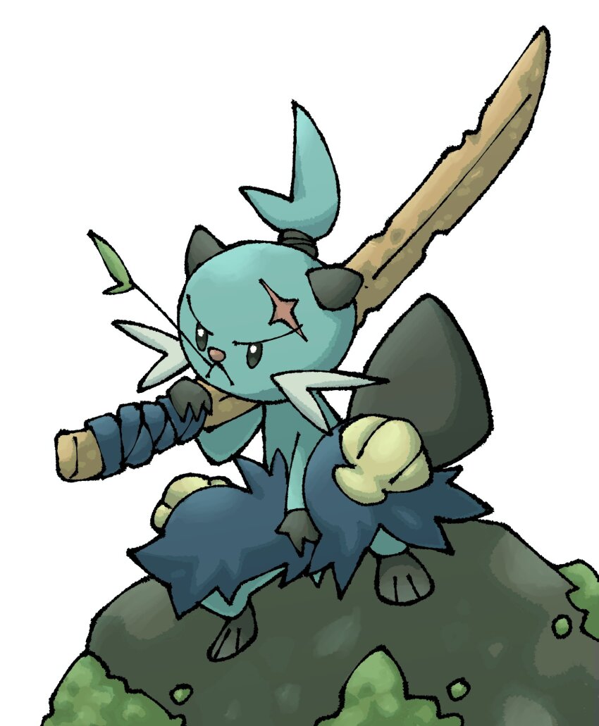 &gt;:( black_ears black_eyes black_tail closed_mouth commentary cross_scar dewott english_commentary full_body furrowed_brow gen_5_pokemon hair_tie highres holding holding_sword holding_weapon moss mouth_hold nintendo no_humans over_shoulder pokemon pokemon_(creature) pokemon_focus pr_quote rock scar seashell shell simple_background solo stalk_in_mouth sword v-shaped_eyebrows weapon weapon_over_shoulder whiskers white_background