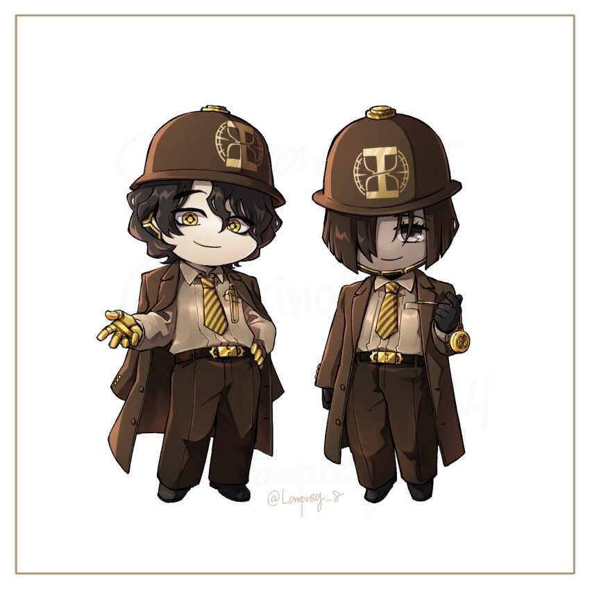 1boy 1girl belt belt_buckle black_belt black_shoes brown_coat brown_eyes brown_hair brown_helmet brown_pants brown_shirt buckle closed_mouth coat coat_on_shoulders collared_shirt ear_piercing hair_over_one_eye helmet highres hubert_(limbus_company) lapels limbus_company looking_at_viewer mai_(project_moon) necktie notched_lapels pants piercing project_moon shirt shoes short_hair simple_background smile striped_necktie white_background yatsumeunagi yellow_eyes yellow_necktie
