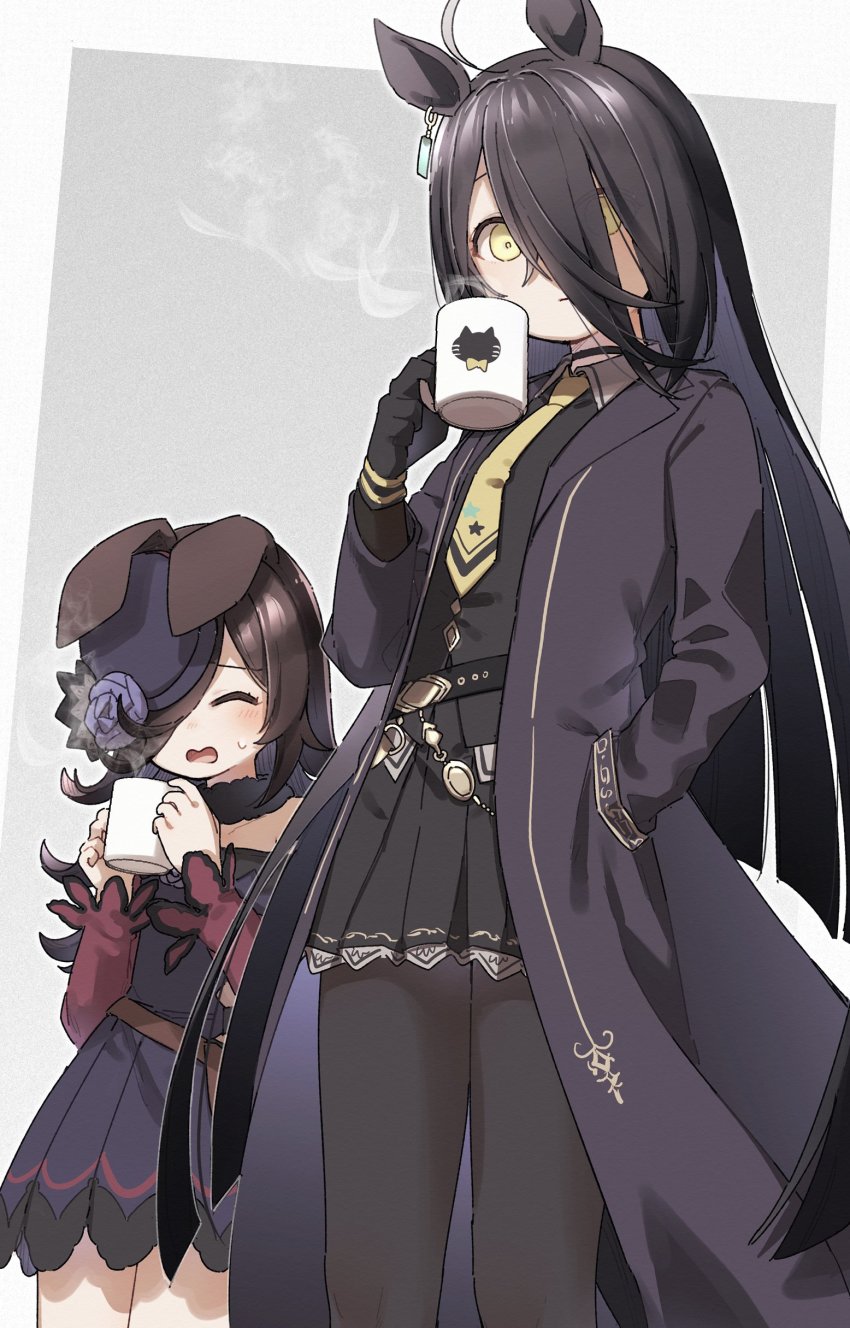 2girls absurdres ahoge animal_ears bare_shoulders black_dress black_gloves black_hair black_headwear black_jacket black_legwear black_shirt black_skirt blue_flower blue_rose brown_eyes brown_neckwear closed_eyes closed_mouth collared_shirt commentary_request cup dress dress_shirt ear_piercing ears_down flower gloves grey_background hair_over_one_eye hand_in_pocket hat hat_flower highres holding holding_cup horse_ears jacket long_hair long_sleeves looking_at_viewer manhattan_cafe_(umamusume) mug multiple_girls necktie off-shoulder_dress off_shoulder open_clothes open_jacket open_mouth pantyhose piercing pleated_dress pleated_skirt print_neckwear rice_shower_(umamusume) rose shirt skirt standing star_(symbol) star_print steam sweat tilted_headwear two-tone_background umamusume very_long_hair wavy_mouth yukie_(kusaka_shi)