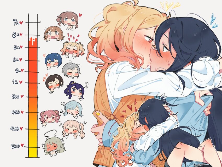 1other 6+girls akiyama_mizuki asahina_mafuyu bare_legs black_hair blonde_hair blue_jacket blue_nails blush chibi chibi_inset closed_eyes clothes_grab commentary flying_sweatdrops french_kiss from_side full-face_blush gradient_hair grey_eyes grey_shorts hair_between_eyes hanasato_minori heart highres hinomori_shiho hinomori_shizuku hoshino_ichika_(project_sekai) hug jacket jacket_grab kiritani_haruka kiss kiss_meter_(meme) kusanagi_nene le0niigo leg_lock long_hair long_sleeves looking_at_another medium_hair meme mochizuki_honami momoi_airi multicolored_hair multiple_girls multiple_views nail_polish nose_blush orange_hair orange_sweater_vest profile project_sekai red_eyes shinonome_ena shirt shorts simple_background sleeves_past_wrists sweat sweater_vest symbol-only_commentary tenma_saki twintails twitter_username white_background white_shirt yellow_nails yuri