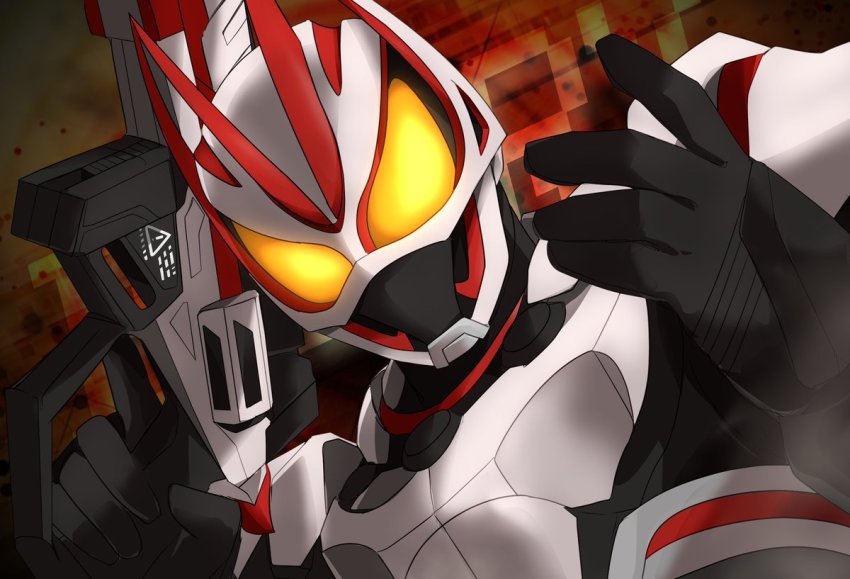 1boy armor black_bodysuit black_gloves bodysuit compound_eyes fox fox_mask gloves gun holding holding_weapon kamen_rider kamen_rider_geats kamen_rider_geats_(series) kitsune magnum_boost magnum_shooter_40x male_focus mask miyabi_(037) multicolored_background open_hands orange_background rifle shoulder_armor tokusatsu two-tone_background upper_body weapon white_armor