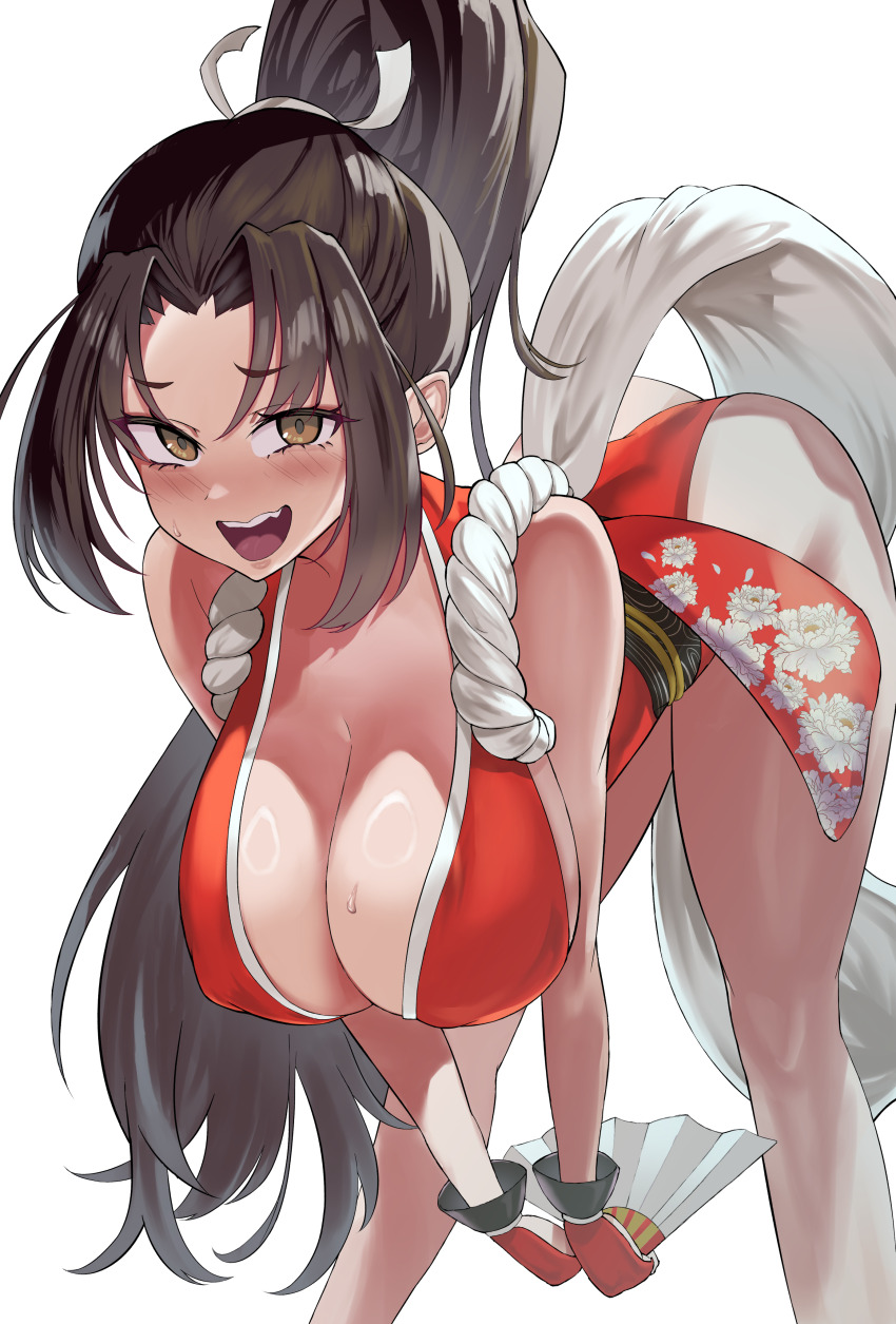 1girl absurdres ass bare_shoulders bent_over breasts brown_eyes brown_hair cleavage fatal_fury folding_fan hand_fan high_ponytail highres holding huge_breasts japanese_clothes large_breasts long_hair looking_at_viewer ponytail revealing_clothes sato_one1 shiranui_mai smile solo the_king_of_fighters thighs