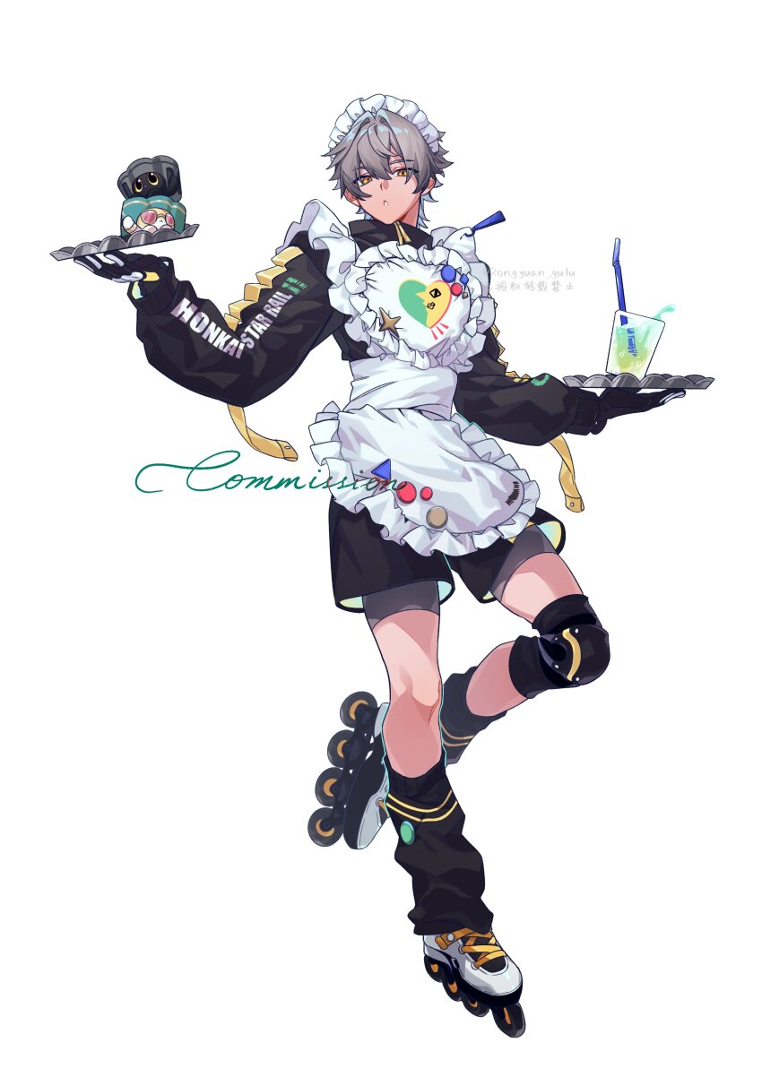 1boy absurdres alternate_costume apron artist_name aventurine_(honey_dice)_(honkai:_star_rail) aventurine_(honkai:_star_rail) badge black_gloves black_jacket black_shorts button_badge caelus_(honkai:_star_rail) cake_cat_(honkai:_star_rail) clothes_writing commission copyright_name cup drink drinking_glass drinking_straw frills full_body gloves grey_hair hair_between_eyes hands_up heart heart_print highres holding holding_tray honkai:_star_rail honkai_(series) jacket leg_warmers long_sleeves looking_at_viewer maid_headdress male_focus orange_eyes pink-tinted_eyewear puffy_long_sleeves puffy_sleeves roller_skates rongyuan_gulu shoes short_hair shorts simple_background skates solo standing standing_on_one_leg star_ornament sunglasses teeth tinted_eyewear trailblazer_(honkai:_star_rail) trailblazer_(trash_cake)_(honkai:_star_rail) tray white_apron white_background white_shoes yellow-framed_eyewear zipper