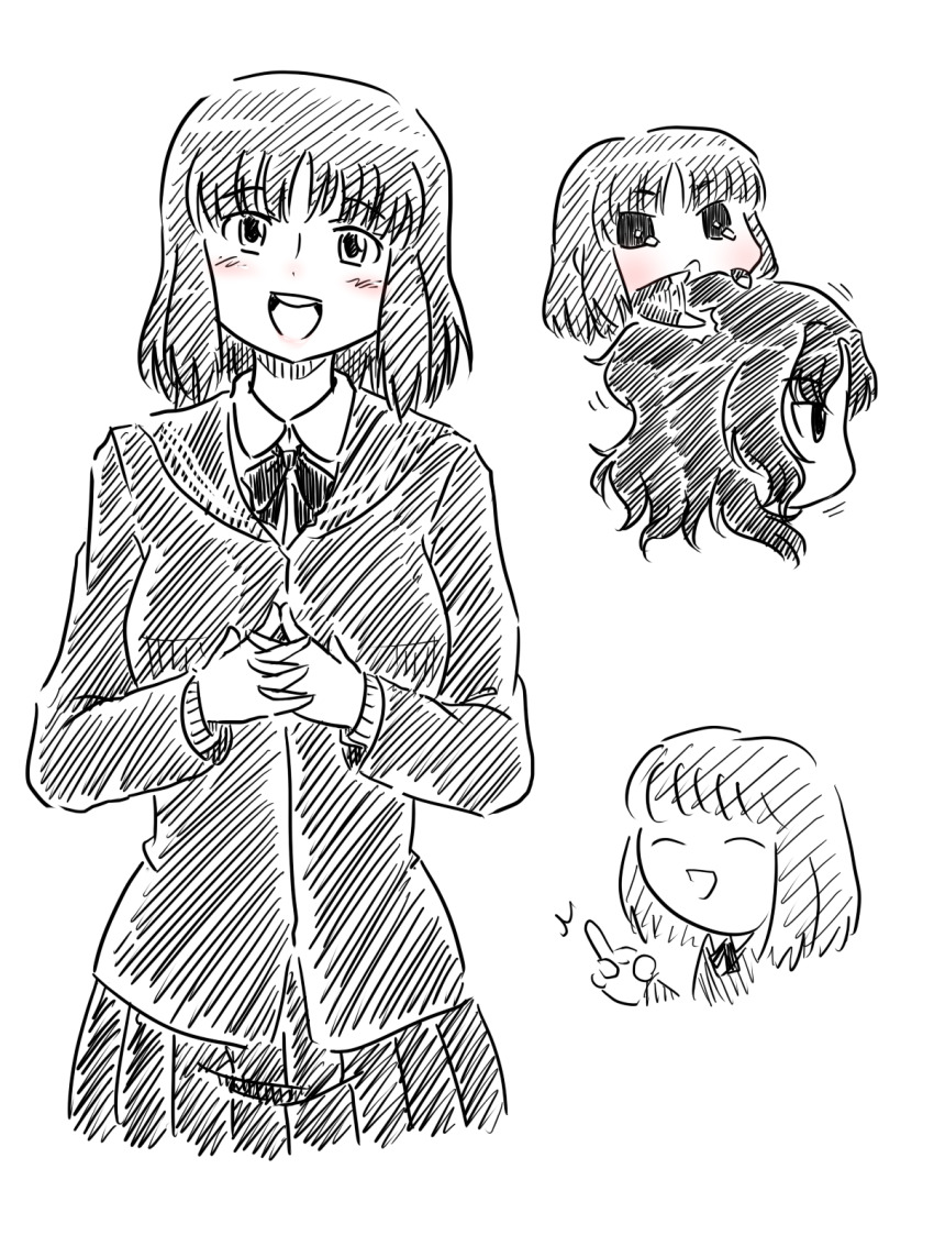 2girls amagami black_hair blush chibi chibi_on_head highres looking_at_viewer middle_finger multiple_girls on_head open_mouth puchimasu!_(style) school_uniform siwawuth sketch smile tanaka_keiko_(amagami) tanamachi_kaoru