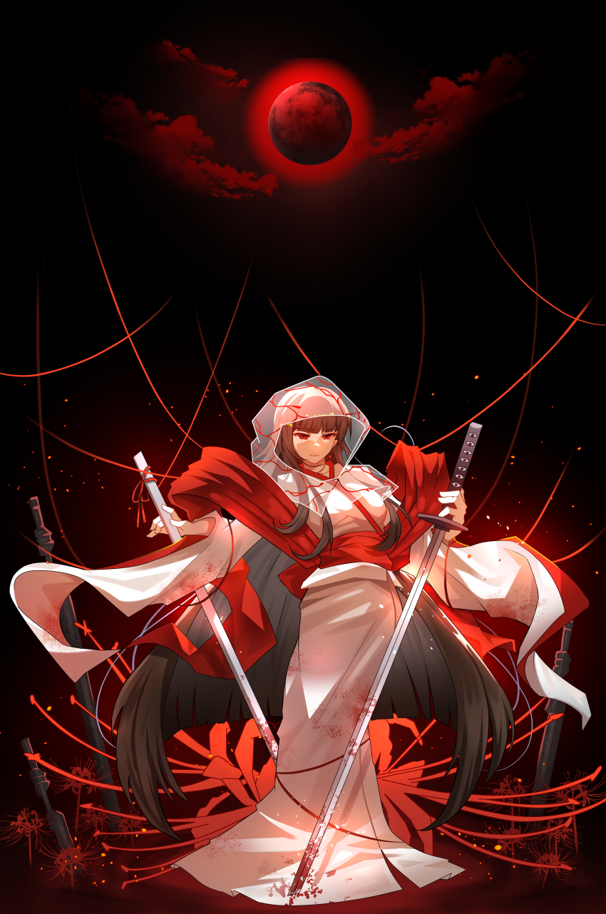 0910615903-hsu 1girl absurdres black_hair breasts bridal_veil closed_mouth cloud commentary_request flower highres holding holding_sheath holding_sword holding_weapon hood japanese_clothes katana kimono light_particles limbus_company long_hair long_sleeves moon obi planted planted_sword planted_weapon project_moon red_eyes red_flower red_sash ryoshu_(project_moon) sash see-through_clothes sheath shiromuku small_breasts solo spider_lily standing string sword uchikake veil wataboushi weapon white_kimono wide_sleeves
