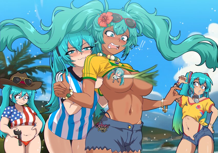absurdres aqua_hair argentina argentinian_miku assisted_exposure bead_choker beads bikini bracelet brazil brazilian_flag brazilian_flag_print brazilian_miku breasts colombia couple dark-skinned_female dark_skin earrings exposed_pocket eyewear_on_head eyewear_on_headwear flag_print flower hair_ornament hatsune_miku highres jewelry long_hair multiple_bracelets rectangular_earrings sebasdono shirt shorts shorts_tan sunglasses swimsuit tan tanline tanline_peek twintails united_states vocaloid yellow_shirt yuri
