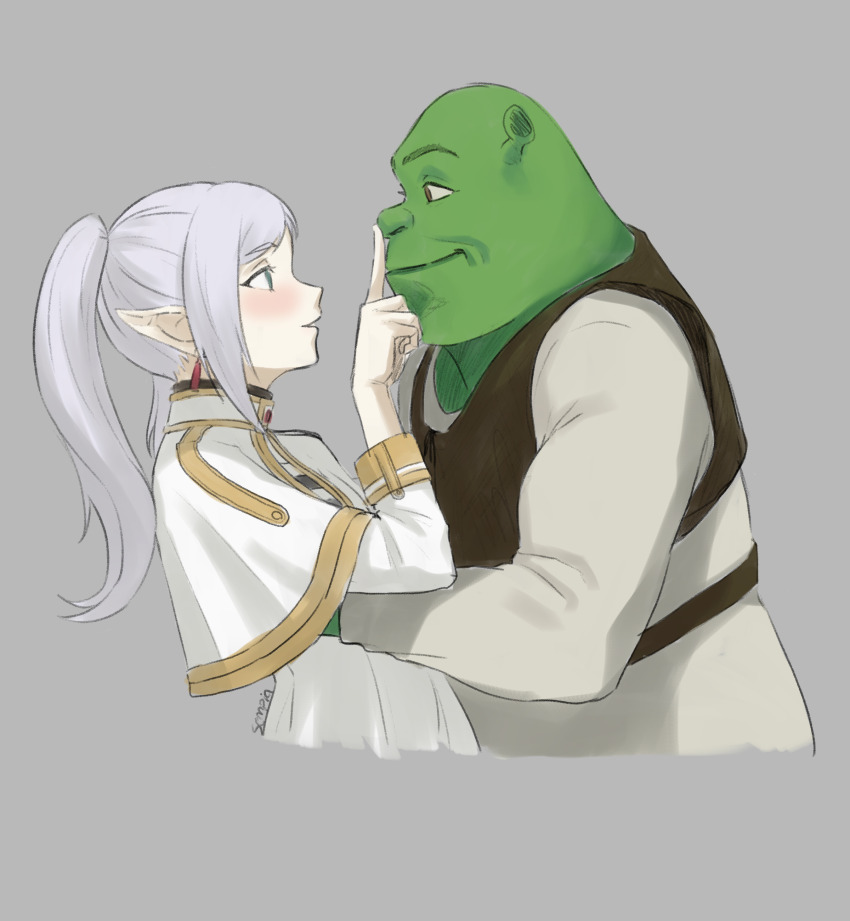 1boy 1girl absurdres bald capelet colored_skin commission couple dial_kasper earrings elf floating_earrings frieren green_eyes green_skin grey_background grey_hair hetero highres jewelry ogre pointy_ears shrek shrek_(series) simple_background skirt sousou_no_frieren twintails white_capelet white_skirt
