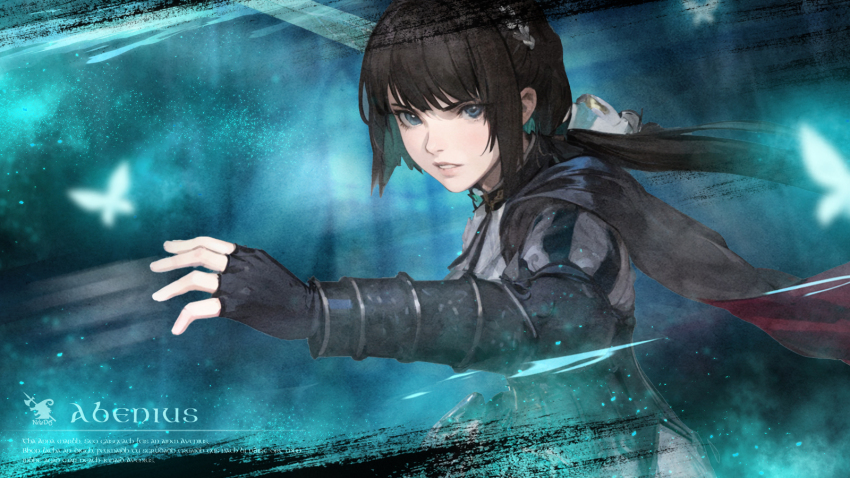 1girl abedius_(wizardry) black_cape black_gloves black_hair blue_eyes blue_hair bug butterfly cape character_name english_text fingerless_gloves gloves hair_ornament highres holding holding_sword holding_weapon insect kjk_kat12349 latin_text multicolored_hair parted_bangs ponytail puffy_sleeves red_cape solo sword two-tone_cape two-tone_hair weapon wizardry wizardry_variants_daphne