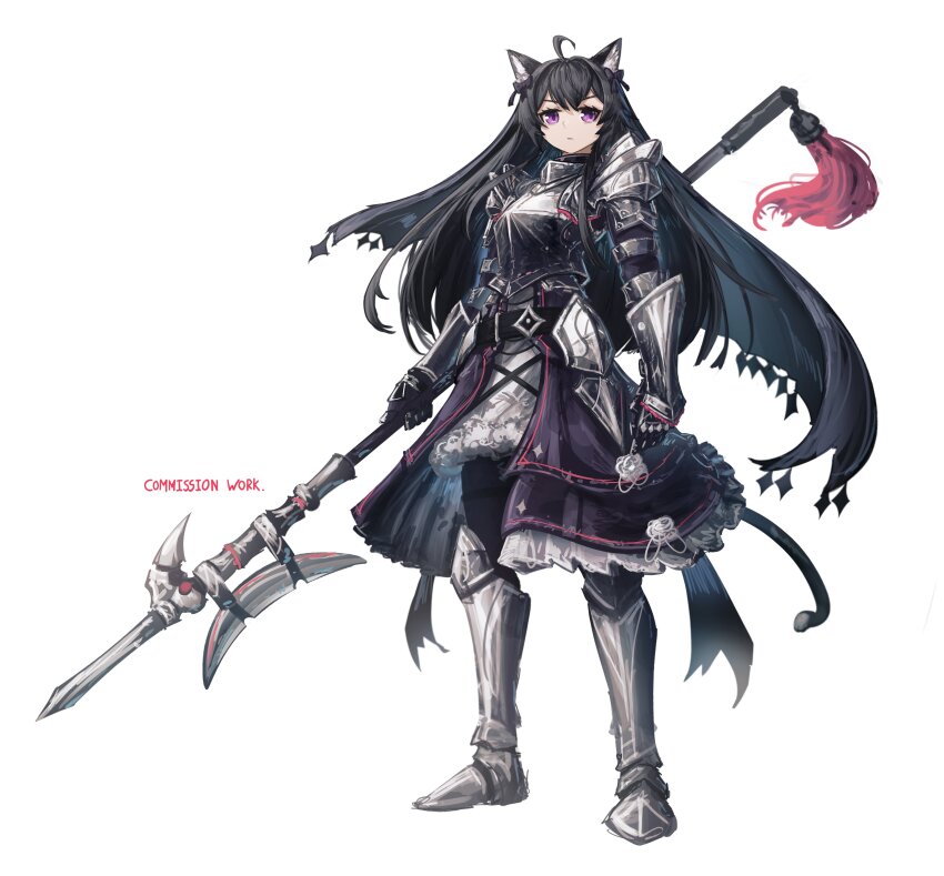 1girl absurdres ahoge animal_ear_fluff animal_ears arm_armor armor armored_boots black_bow black_gloves black_hair boots bow cat_ears cat_girl cat_tail closed_mouth commentary commission english_commentary franlol frilled_skirt frills full_body gloves grey_boots hair_bow highres holding holding_polearm holding_weapon long_hair looking_at_viewer original polearm purple_eyes purple_skirt shoulder_armor simple_background skirt solo standing tail weapon white_background