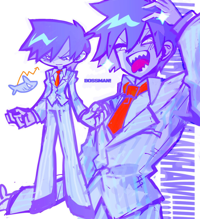 1boy :d antenna_hair arm_up arrow_(symbol) bossman_hero closed_mouth collared_shirt colored_skin commentary_request cowboy_shot deformed dot_nose double-parted_bangs hair_between_eyes hand_on_own_head hero_(headspace)_(omori) hero_(omori) highres honshiya jacket large_hands layered_sleeves long_sleeves male_focus mr._jawsum multiple_views necktie omori open_mouth pants purple_hair red_necktie sharp_teeth shirt short_hair simple_background smile sparkle striped_clothes striped_jacket striped_pants teeth tongue tongue_out v-shaped_eyebrows vertical-striped_clothes vertical-striped_jacket vertical-striped_pants white_background white_eyes white_jacket white_pants white_shirt white_skin